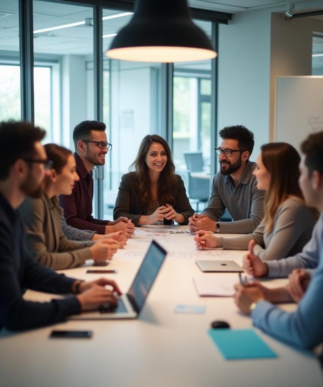 Il team di Cobra Cine discute un progetto creativo in una sala riunioni moderna