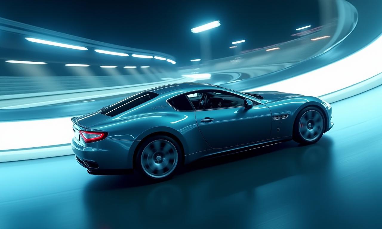 Scena dallo spot Maserati Velocità Pura, con un'auto sportiva in movimento su una pista futuristica