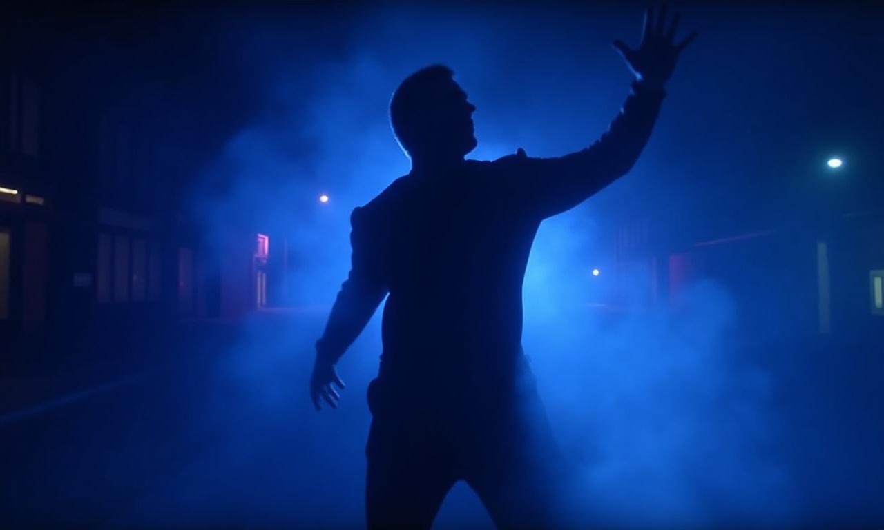 Scena suggestiva dal videoclip Notte Eterna, con il cantante Leo Ventura in una performance dinamica