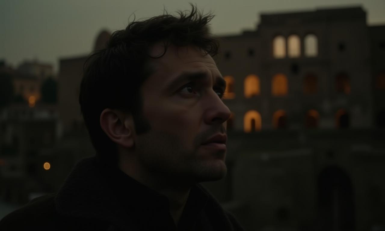 Scena drammatica dalla serie TV L'Ombra di Roma, con un attore in primo piano e il Colosseo sullo sfondo